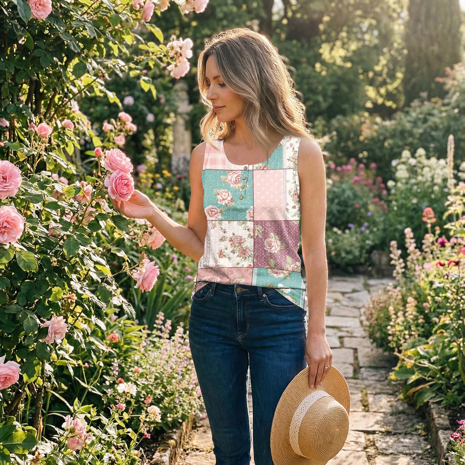 

Womens Tank Tops Summer Sleeveless Tops Loose Button Shirts Neck Dress Casual Vest Clothes S розовый