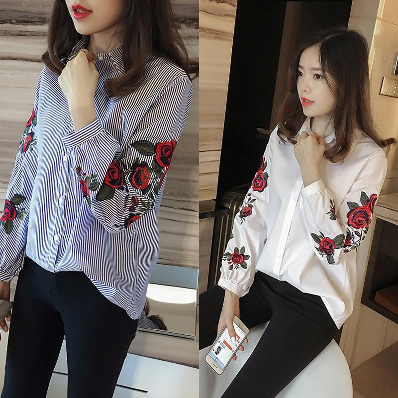 

Лето Женщины Полосатая рубашка Цветок Вышитый корейский стиль Кардиган Топы Повседневный лацкан с длинными рукавами Футболка