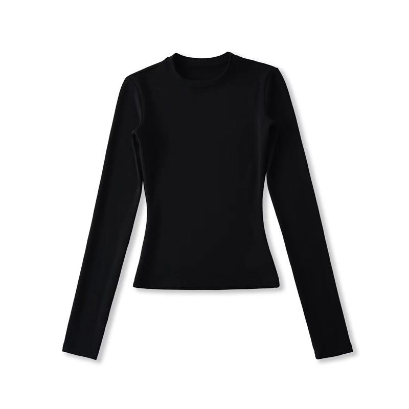 Women's American-Style Long Sleeve Fitted T-Shirt with Stylish Shoulders, Perfect for Autumn and Winter, Imitation Wool Base Layer.