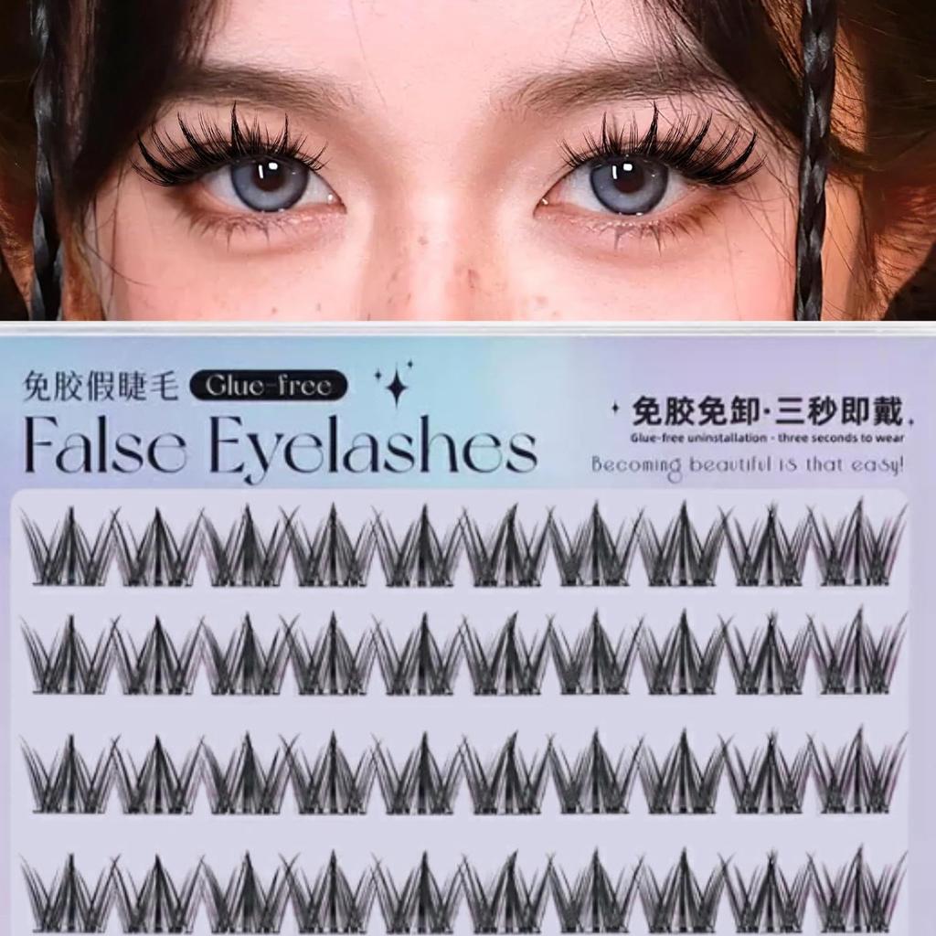 Spiky False Cartoon 100 Cluster Easy Sharp and Reusable Glue-free Eyelashes, Style, 11mm, Pieces, Design, Self-Adhesive, One-Touch Application,
