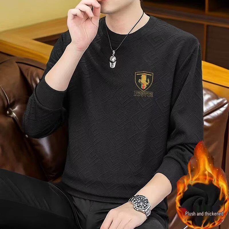 Stylish Men s Autumn/Winter Round Neck Plus Velvet Jacquard T-shirt XL