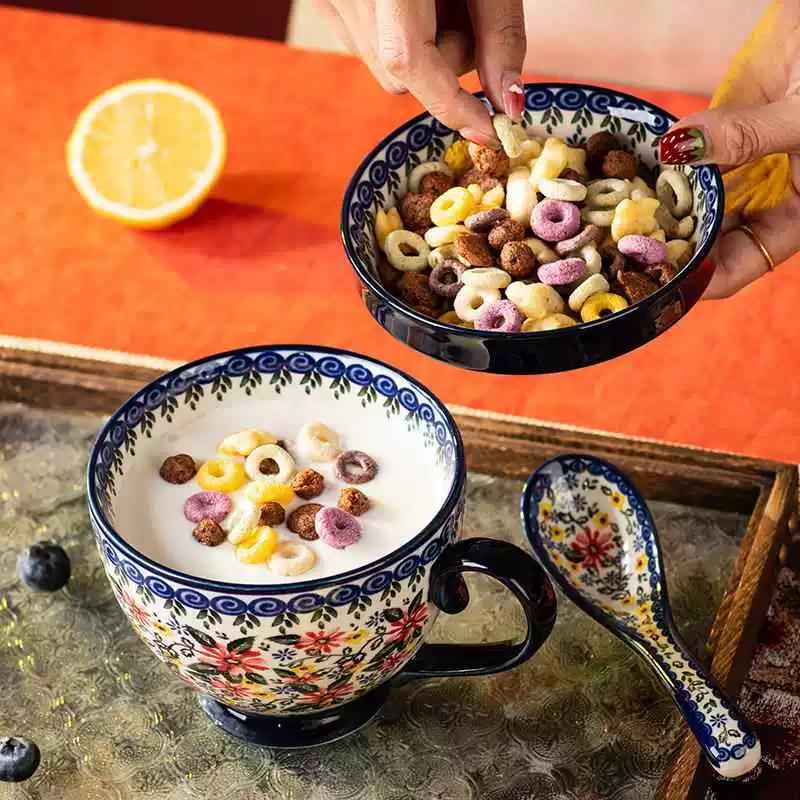 Handpainted Ceramic Soup Bowl with Snack Serving Tray,Vintage Floral Embossed Design Microwave Safe,Large Handle and Thick Base,Perfect for Cereal,Nut