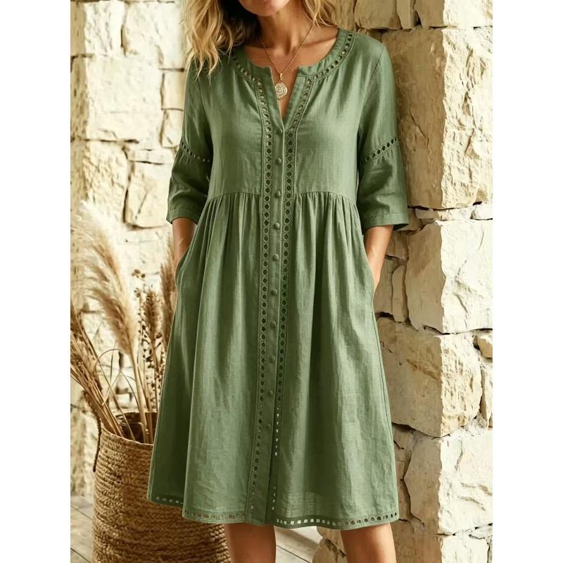 JPNTKY Fashion Summer Spring Solid Color Print V-Neck 3/4 Sleeves Casual Dresses