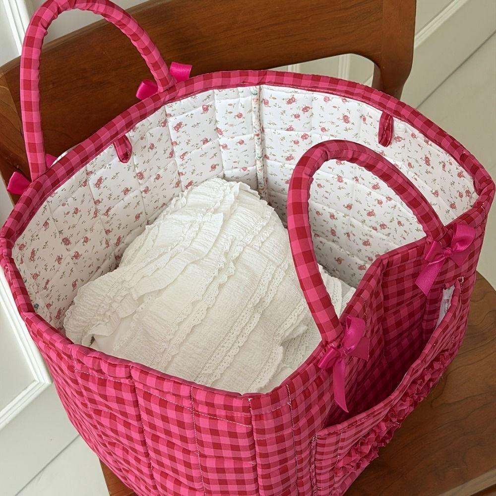 Handheld Red Plaid Storage Basket Large Capacity Clothes Toys Storage Basket Picnic