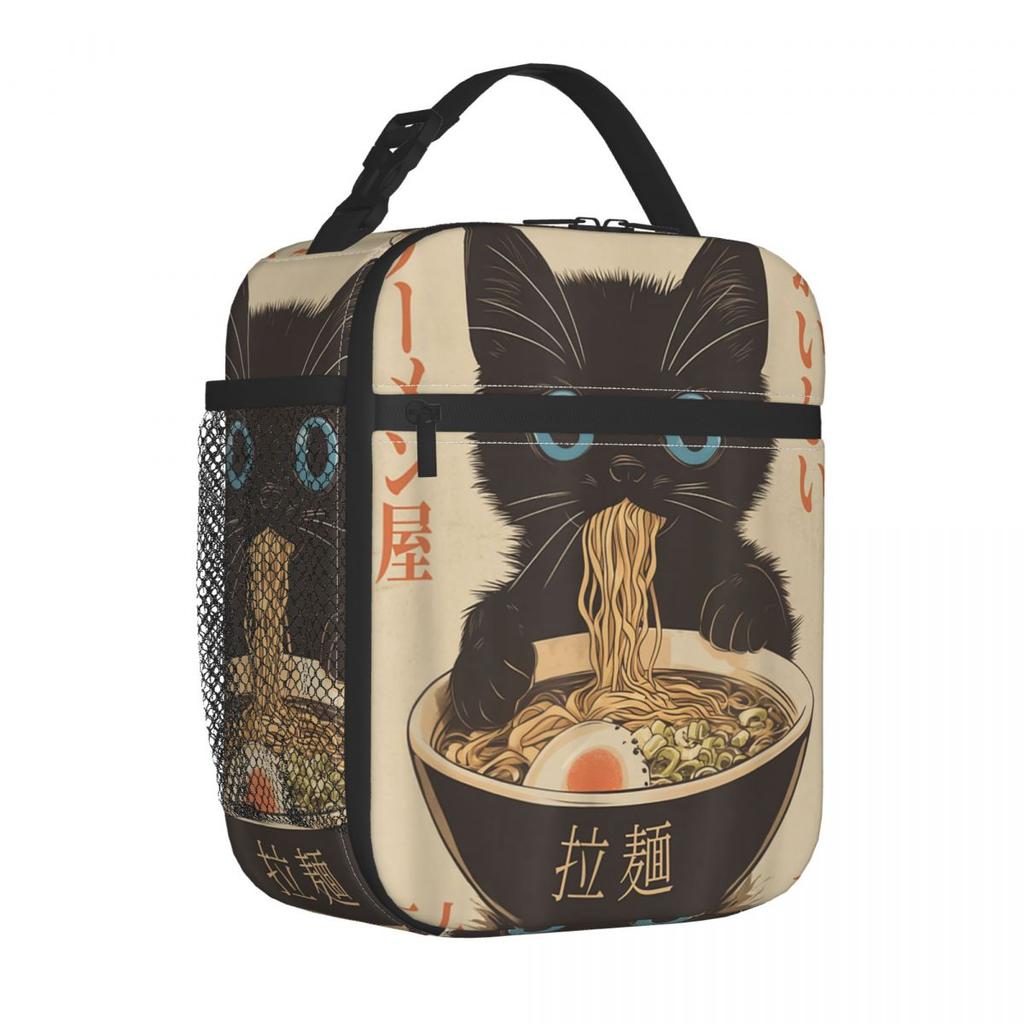 Japanese Black Cat Ramen Insulated Lunch Bag Kawaii Noodle Cat Storage Food Box Portable Cooler Thermal Bento Box For Work