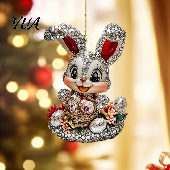 Easter Party Hanging Decor Bunny Acrylic Pendant, Cute Rabbit with Basket, 2D Car Animal Pendant Rearview Mirror Ornament, Bag Keychain Accessory,