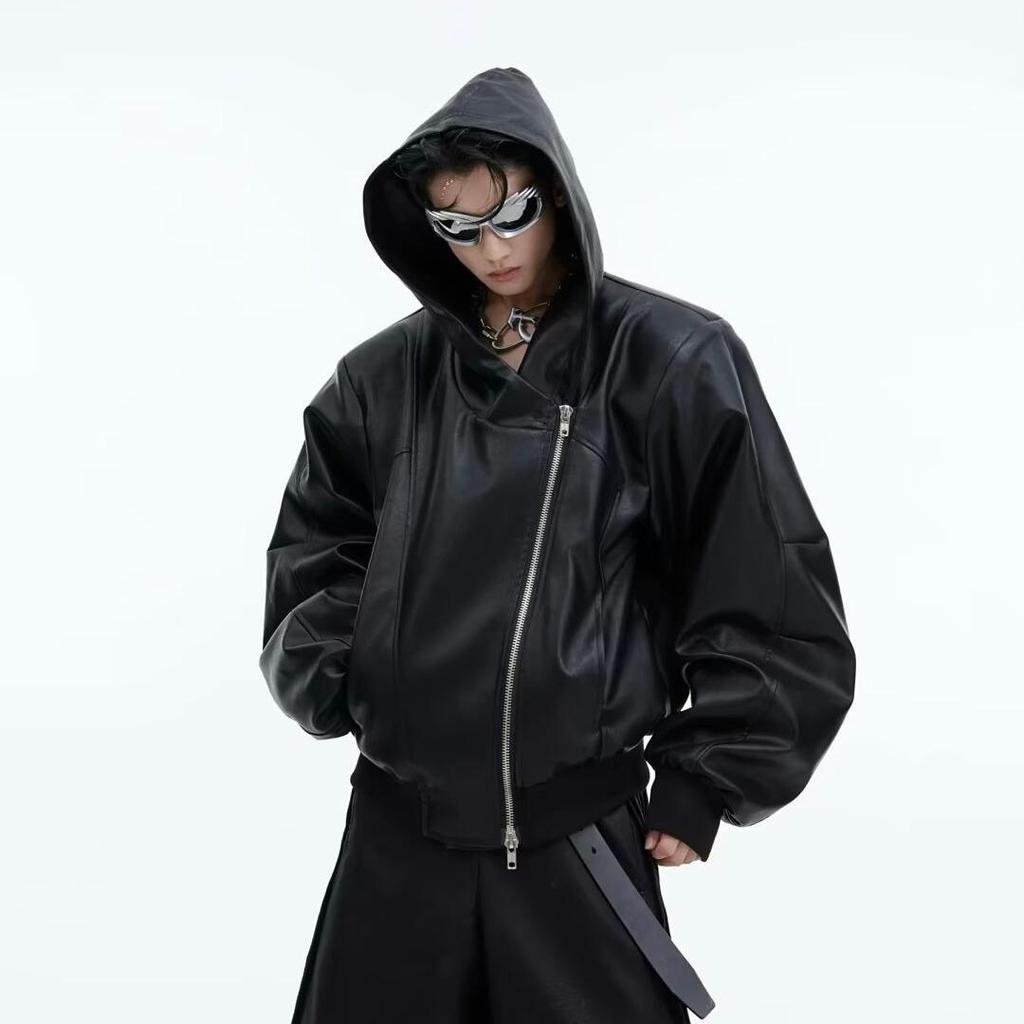 European-American Hip Hop Deconstructed Hooded Leather Jacket - Men's Trendy, Loose-Fit PU Streetwear
