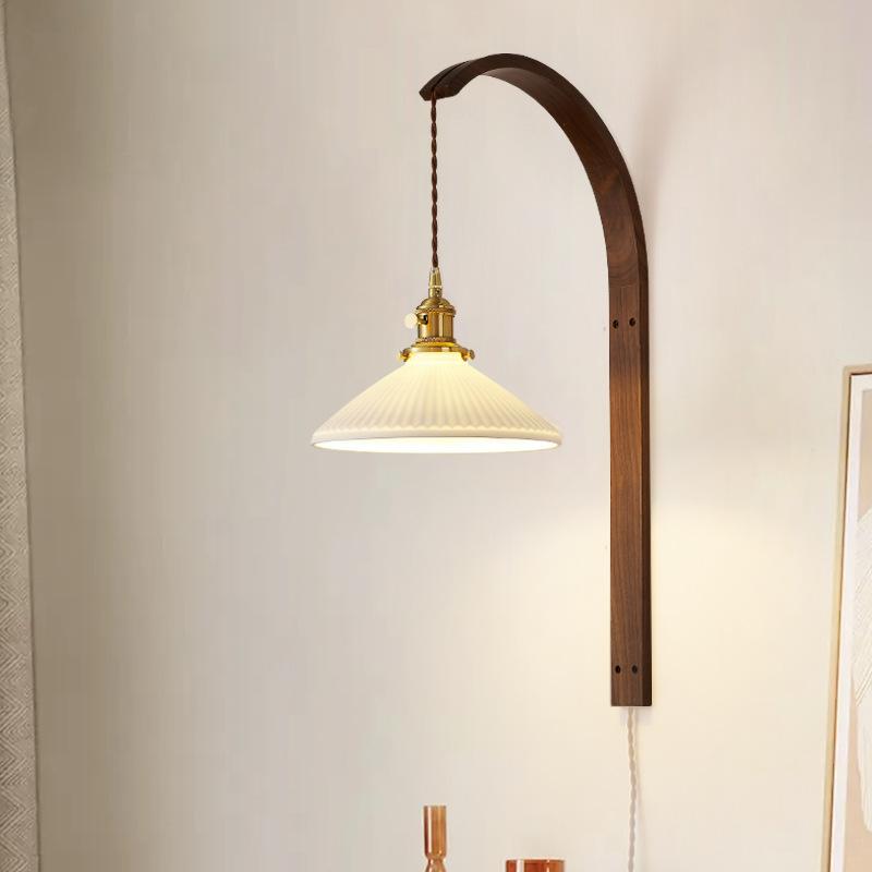 Japanese Retro Copper Wall Lamp Walnut Living Room Background Wall Corridor Study Bedroom Bedside Lamp Lighting