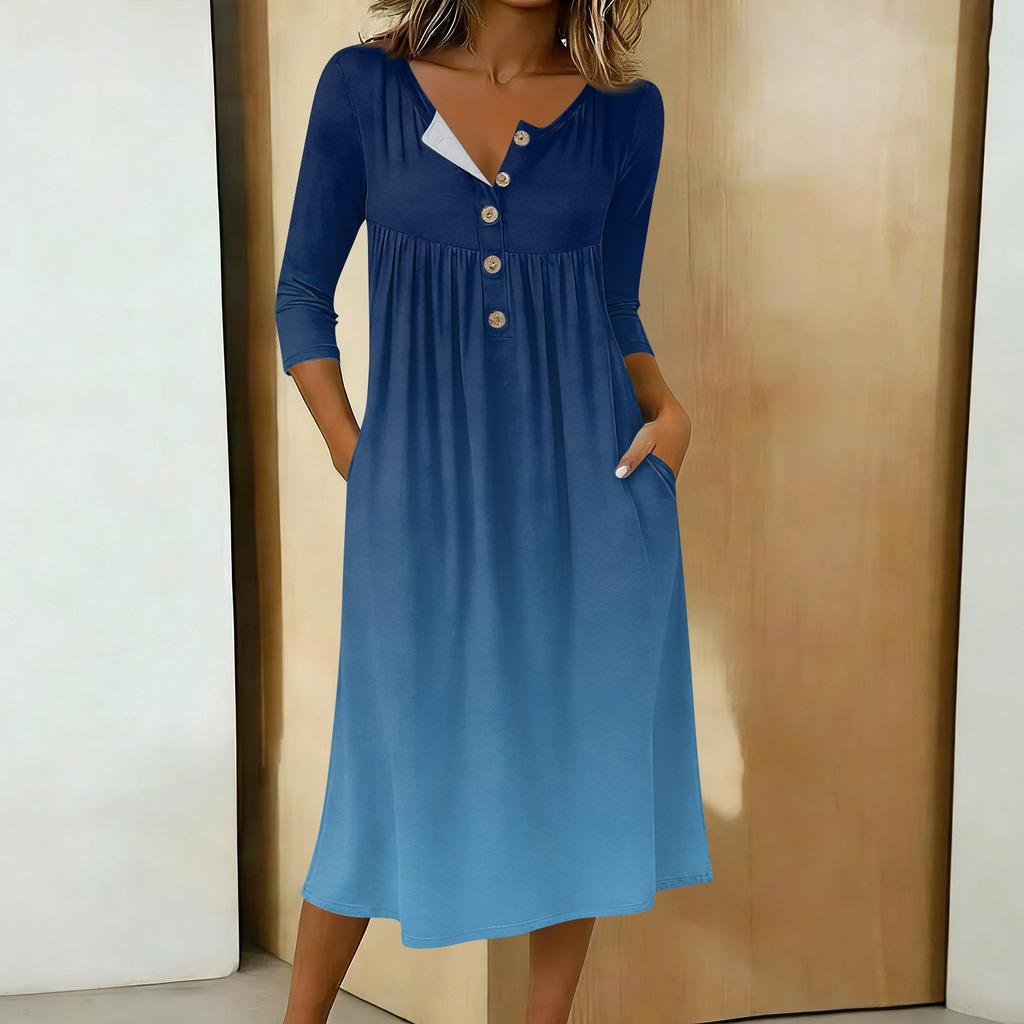 Women's Fashionable Color Printed Round Neck 3/4 Sleeve Button Collar Mid Length Casual Dress