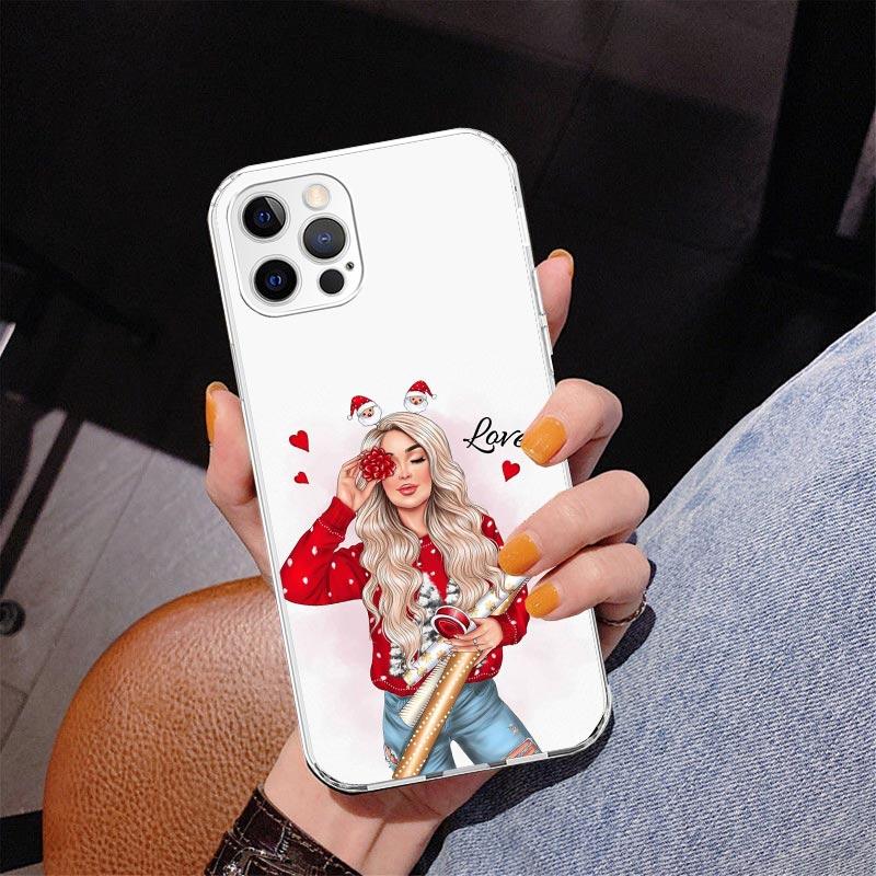 Christmas Art Girls Coffee Phone Case For iPhone 17 Air 16 Pro Max 16E 15 + 14 Plus 11 12 13 Mini 7 8 SE Gift Print Cover Fundas