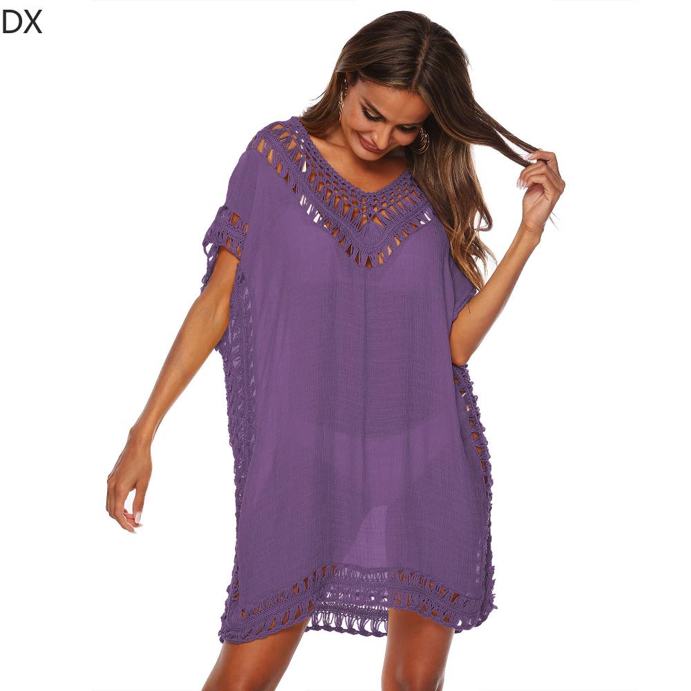 DX - Solid V-neck Hook Patchwork Smock Sexy Hollow Loose Beach Smock Short Skirt