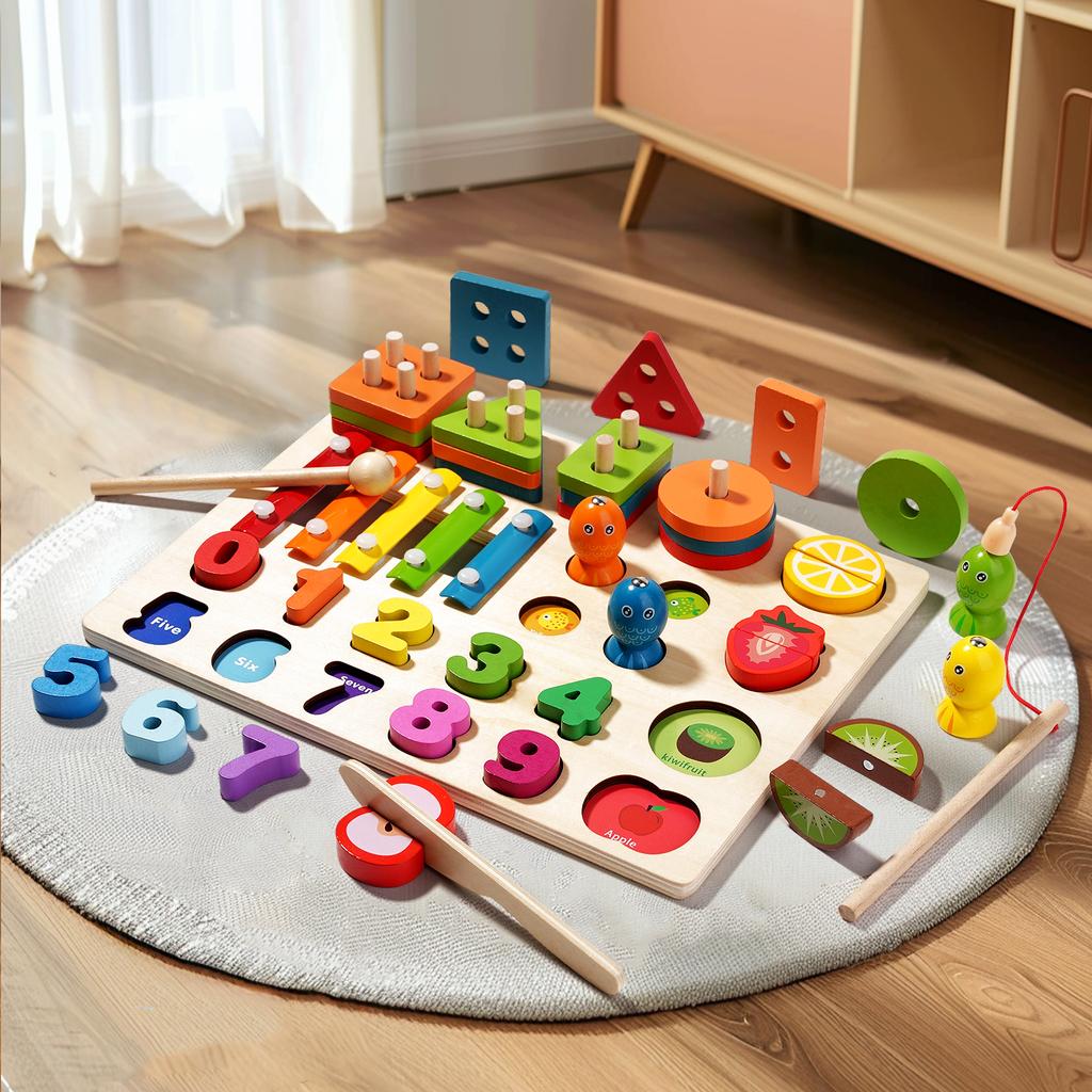 Montessori Kids Wooden Sorting Stacking Toys Shape Color Colorful Block Educational Learning Toys for Boys Girls Birthday Gift