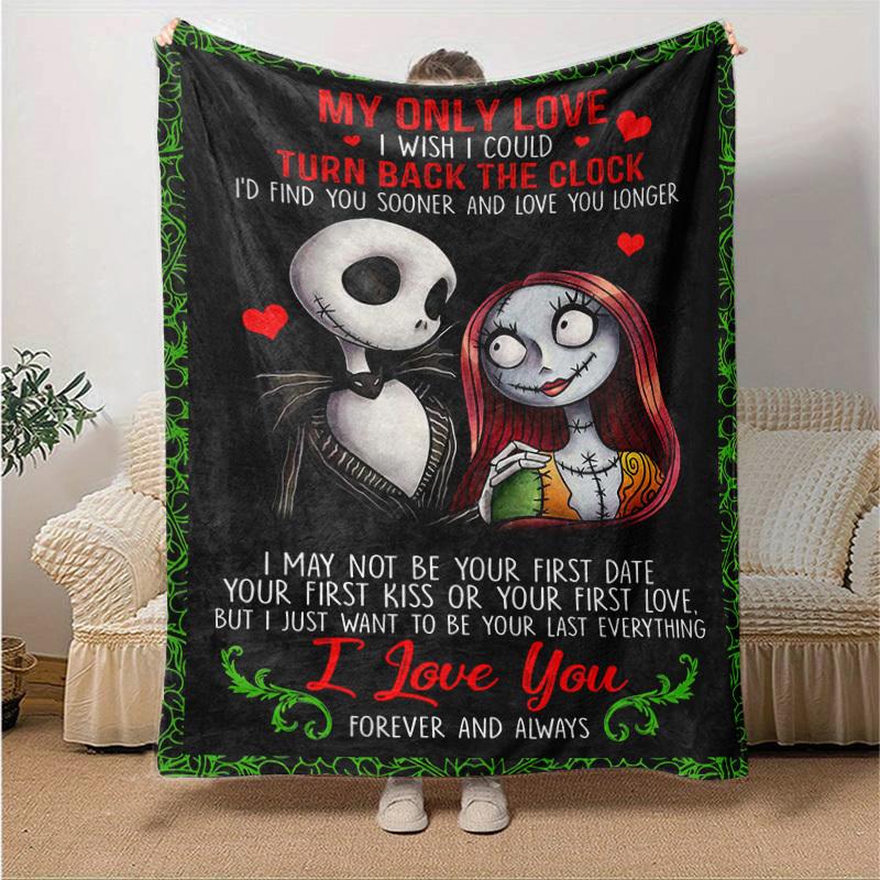 1pc. Nightmare Before Christmas Jack & Sally Romantic Quote Blanket, Perfect for Home Decor, Gift Idea, Seasonal Throw Blanket, Cozy Bedding