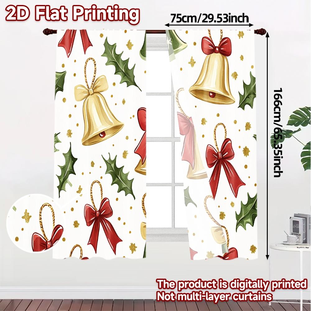 2pcs,Curtains Christmas Bells Holly Bows_a (3) Modern Print Curtains Polyester Easy Install Curtains Decorations for Bedroom,