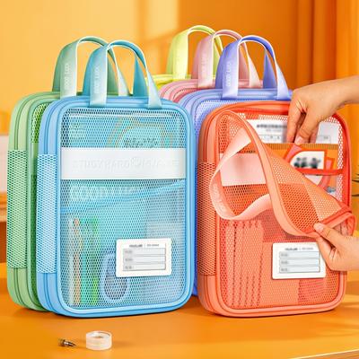 Student Handheld Classification Bag Large Opening Multi-Layer File Bag Big Capacity Zippered Tutoring Bag Mesh Homework Organizer Exam-Document Bag
