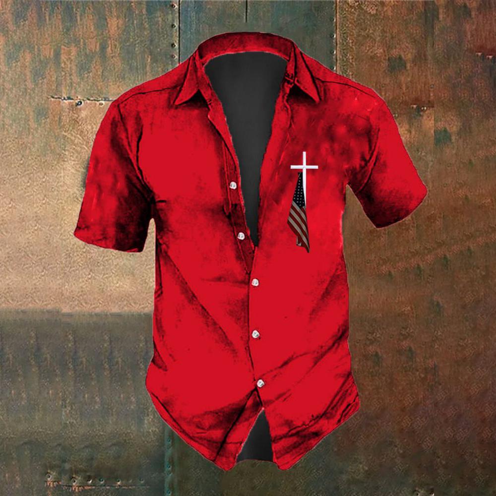 Sommermode Herren Casual Kurzarmhemd mit Kreuz- und Nationalflaggen-Aufdruck für Street Fashion und Herren Oversized Top 5XL