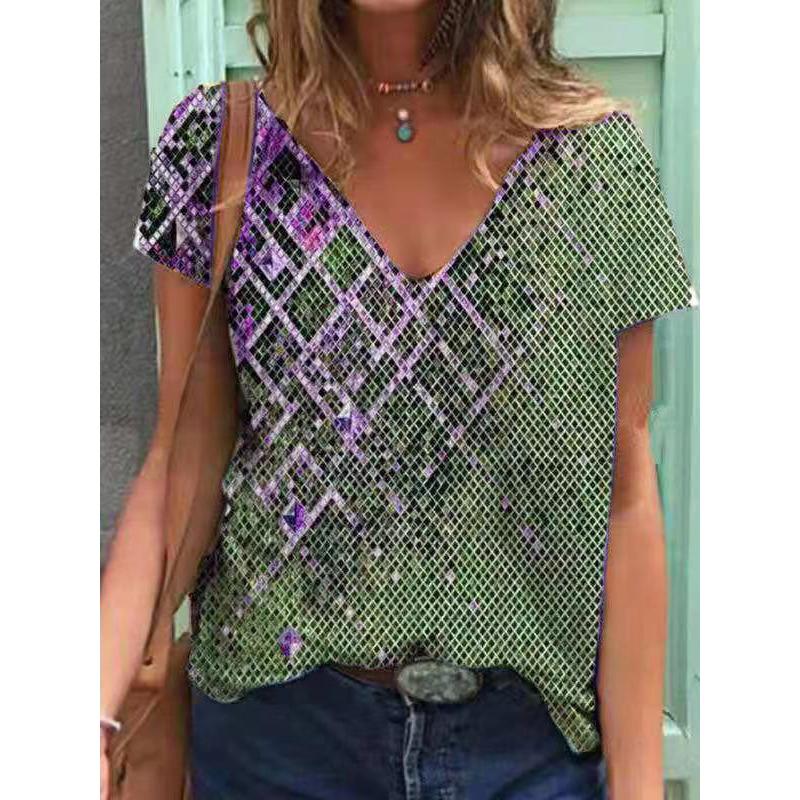 

Мода Весна Блузки с принтом флэш-карты с коротким рукавом и V-образным вырезом Повседневные футболки 8XL зелёный