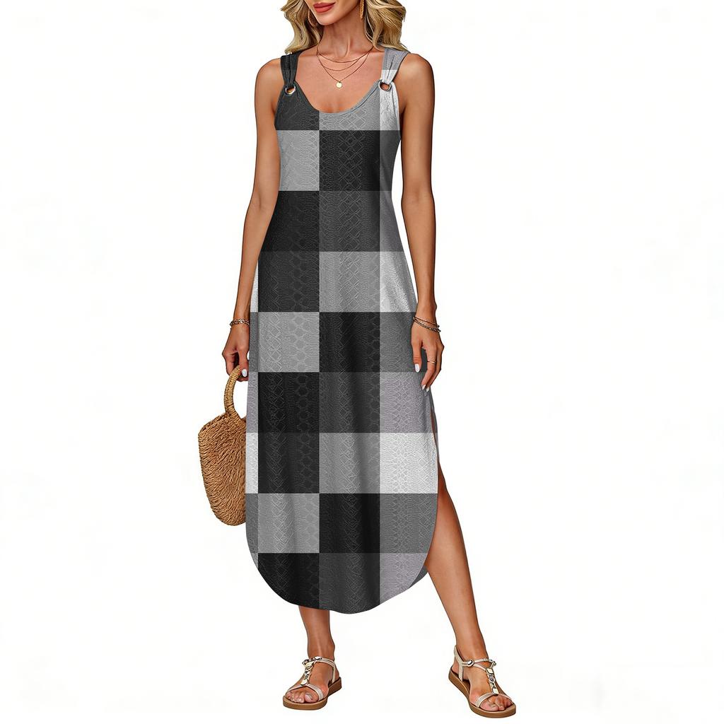Women's Summer Long Dress, Sleeveless with Side Slits, Long Plaid Printed Vest Dress