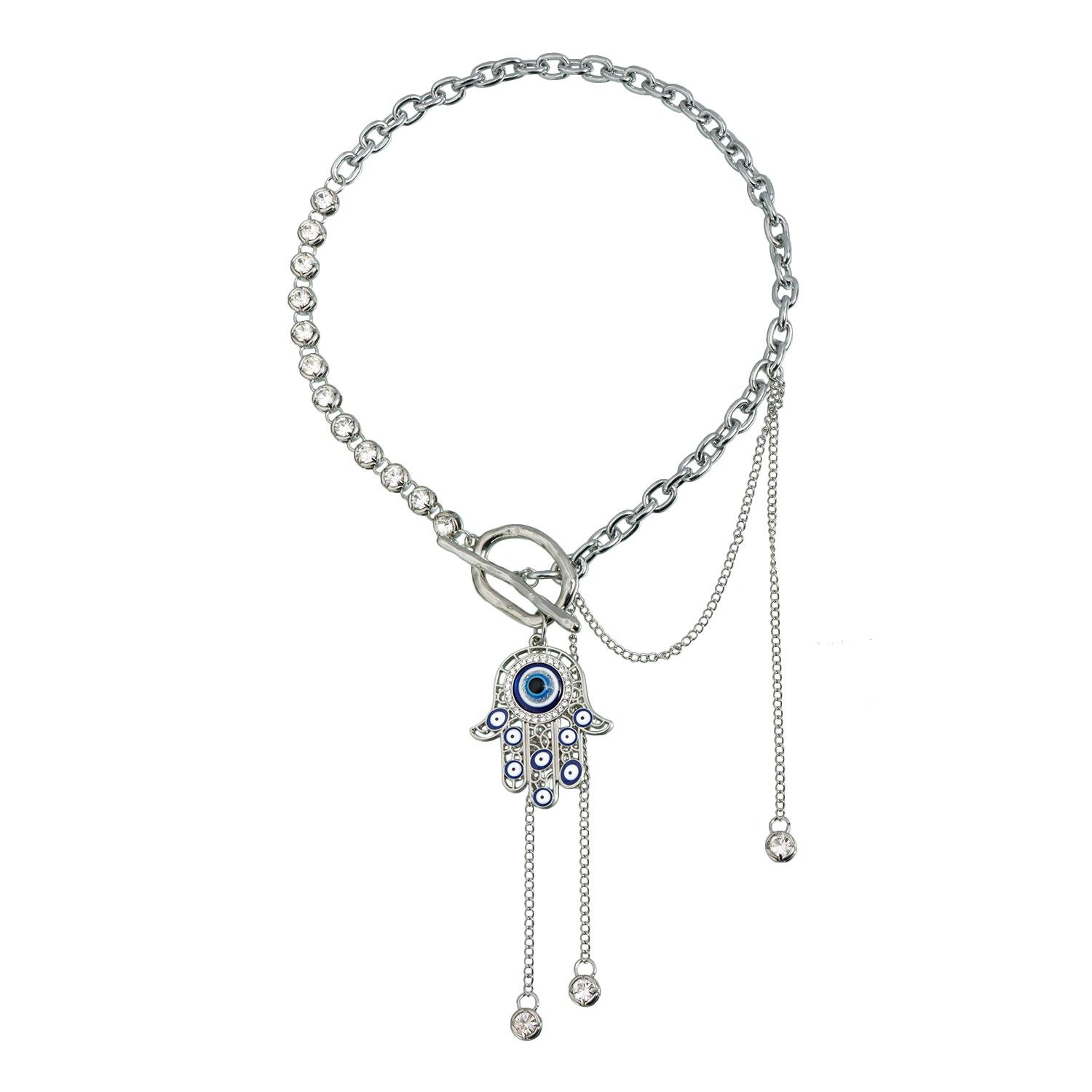 Hollow Palm Devil s Eye Tassel Necklace ins Light Luxury Crystal Necklace