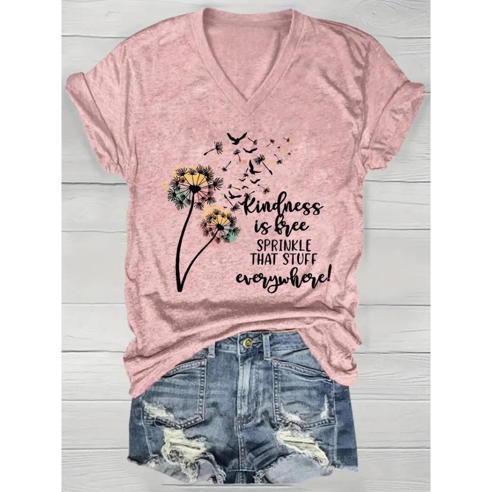 Summer Outdoor Women's T-Shirt Casual V-Neck Short Sleeve Tops Floral Butterfly Print Street Fashion Female Oversize Clothing