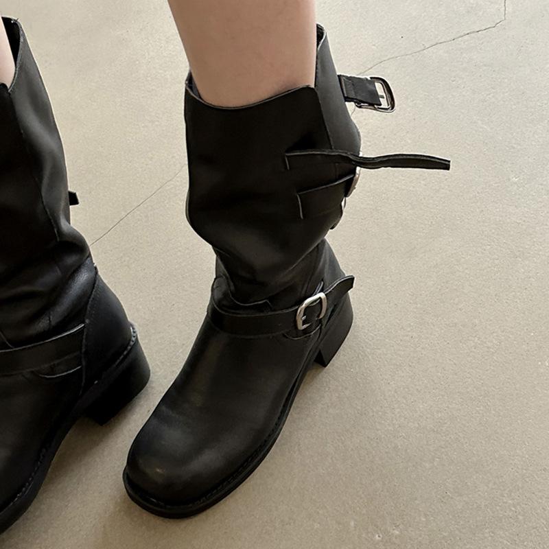Cowhide Version~ Retro Belt Buckle Medium Tube Knight Boots Women's Thick Heel Round Head Short Boots Slim Straight Western Cowboy Boots
