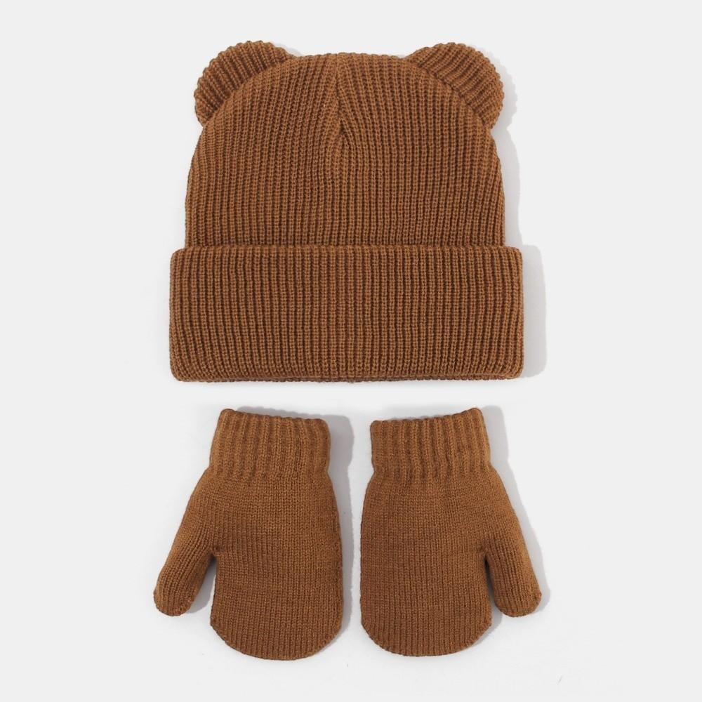 Knitted Bear Ear Earflap Hat Warm Knitted Hat Glove Set Children's Winter Hat for Boys Girls Kids