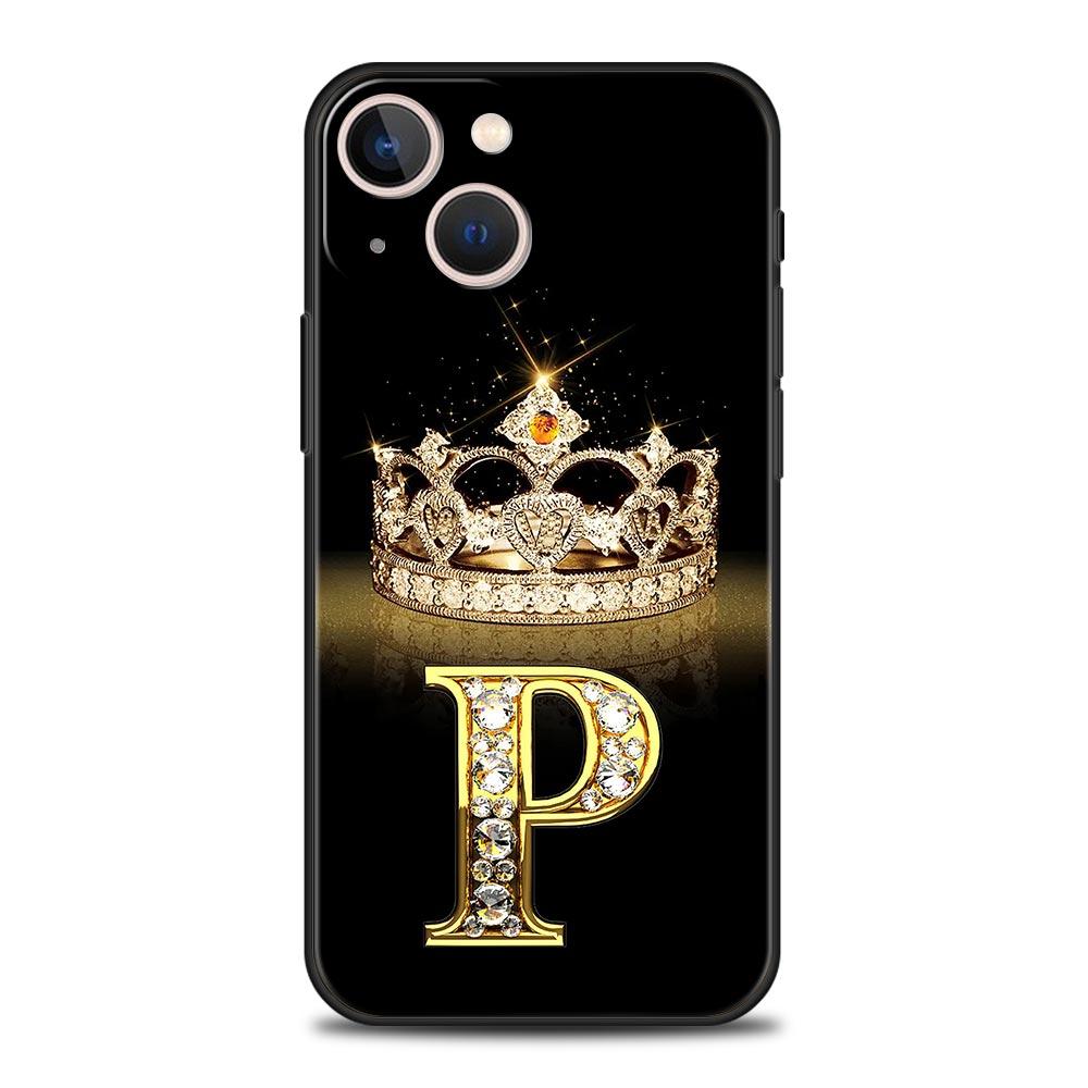 Diamond Crown Letter 26 Letters Phone Case For iPhone 17 16E 15 16 14 13 12 11 Pro Max 7 8 Plus Soft TPU Back Cover