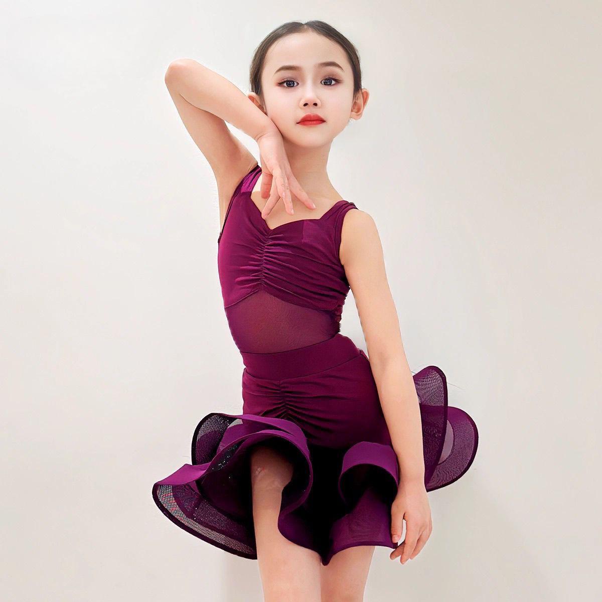Kids Professional Latin Dance Dress Girls Tango Salsa Ballroom Dance Stage Outfits Costume 150cm violetto
