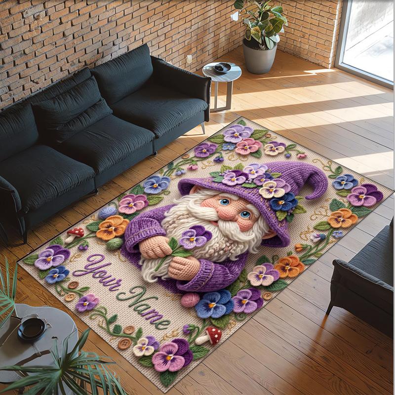 Gnome Theme Crystal Velvet Rug Personalized Custom Name Text Soft Floor Mat Home Decor