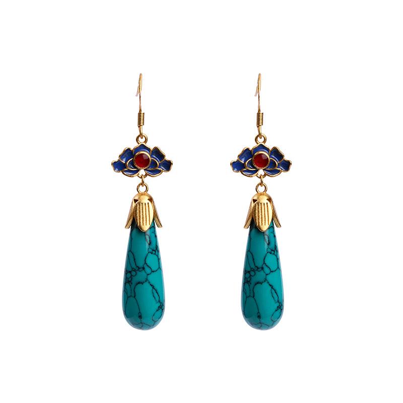 Gold-Plated Copper Lotus Earrings with Faux Turquoise – Retro Cheongsam Hanfu Style, Resistant To Fading.