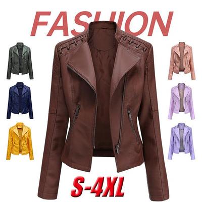 Móda Dámská Kožená bunda Podzimní a zimní oblečení Límec Pu Jacket Dlouhý rukáv Zip Dámská Móda Úzká kožená bunda Moto bunda