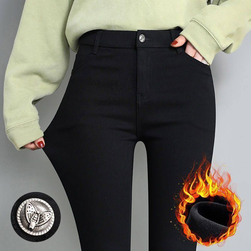 Black High-Waist Stretch Leggings for Women, Plus Size, Fleece-Lined, Slim-Fit Spring/Autumn.