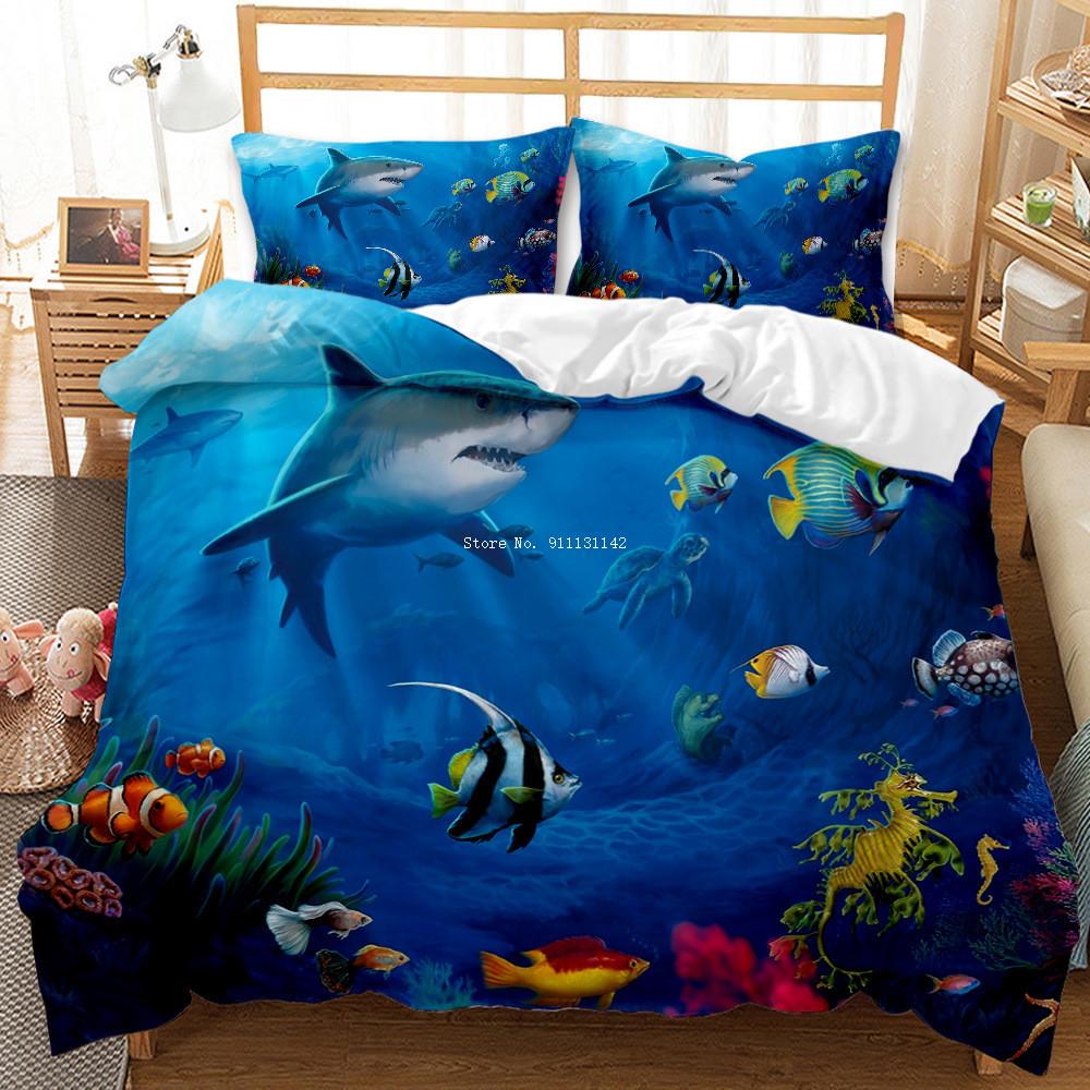 Queen & King Size 3D Undersea World Whale Shark Printed Down Quilt Cover & Pillow Cover Bedding Set with Blue Background