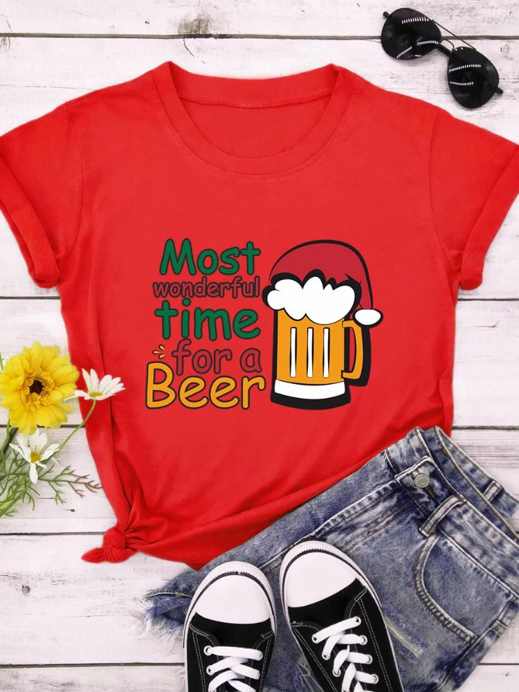 Christmas Best for A Beer Print T Shirt Women Short Sleeve O Neck Loose Tshirt Women Causal Tee Shirt Tops Camisetas Mujer