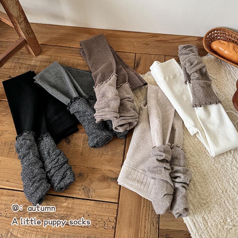 Children's Golden Brown Two-Piece Scrunched Socks & Warm Leggings Set for Autumn/Winter