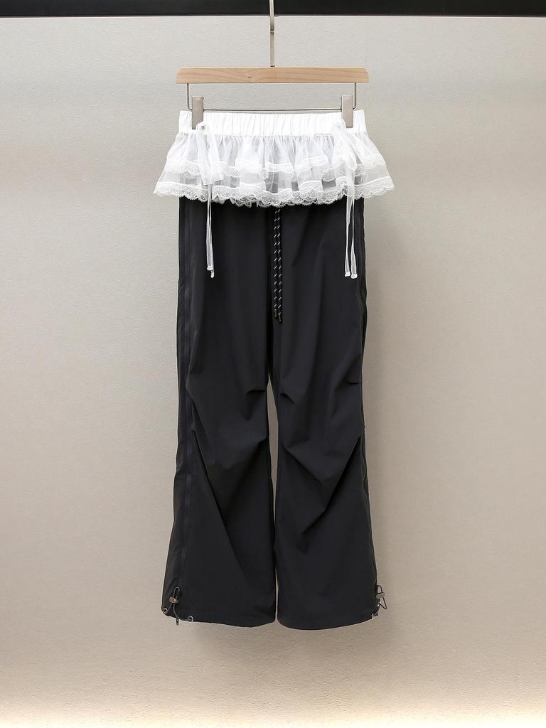 High-End Women's French Lace Peplum Slimming Straight-Leg Casual Pants for Autumn
