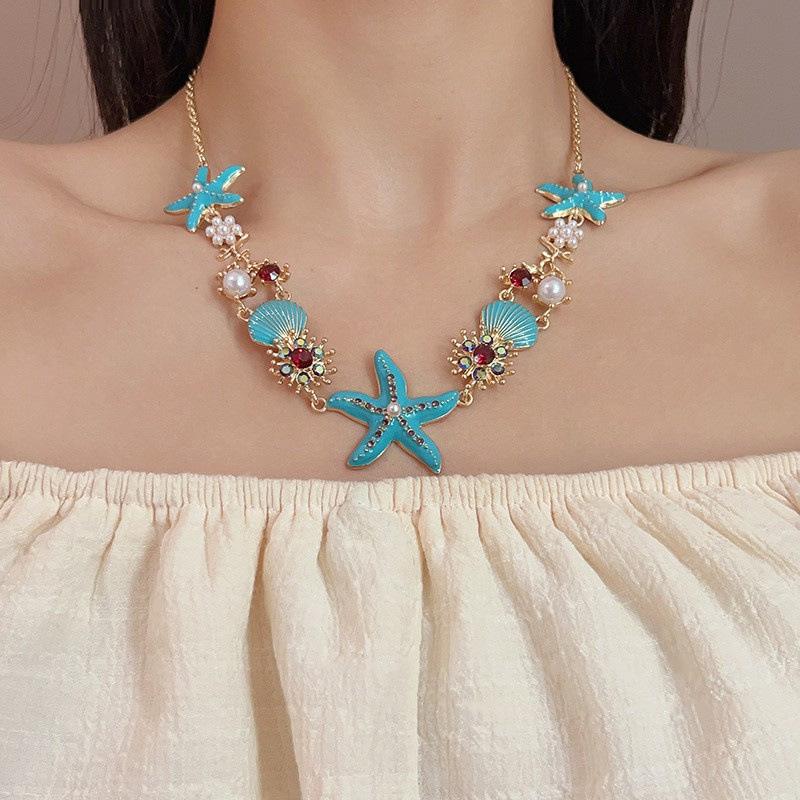 Colorful Starfish Shell Necklace for Women, Versatile Clavicle Necklace Accessories for Summer Beach Travel Photos