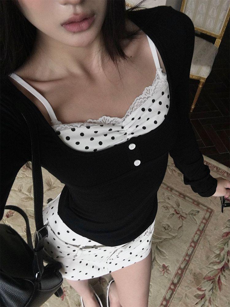 260g Cotton Modal Polka Dot Lace Patchwork Two-Piece Style Slimming Top