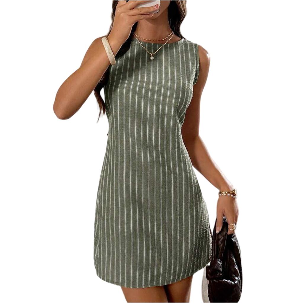 Sleeveless Vertical Stripe Dress Casual Round Neck Mini Dress for Women Lightweight Comfortable Fit