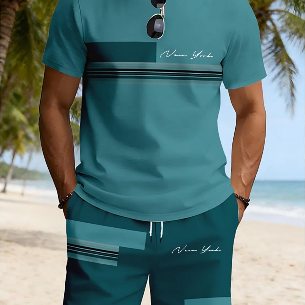 Men s Fashion Trend Casual Round Neck Printed Short Sleeve Set, New High Street Style Casual Personality Print Summer Trend Round Neck T-Shirt S