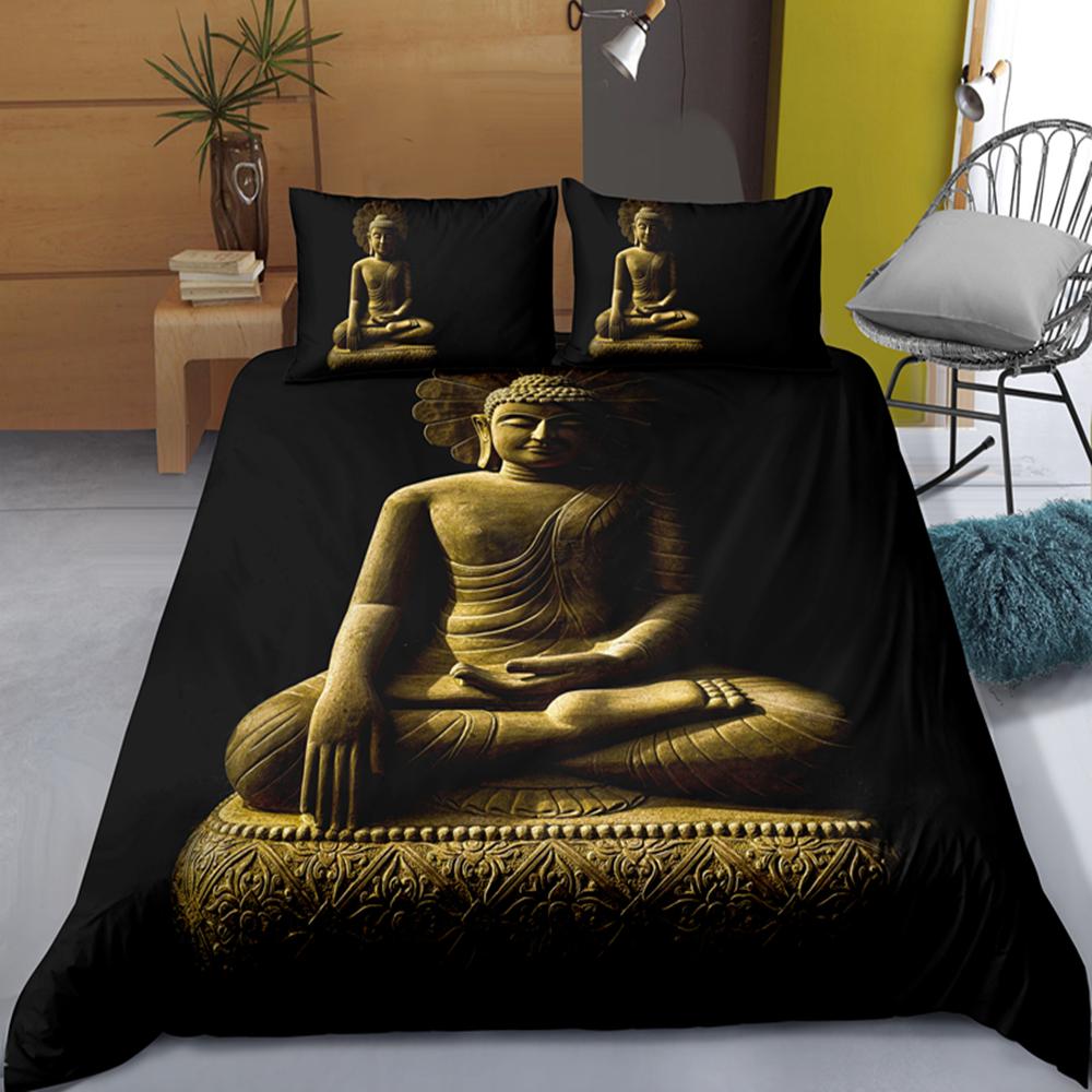 Mandala Buddha Duvet Cover Set King Size Exotic Ethnic Bohemian Bedding Set Golden Black Lotus Flowers Gorgeous Comforter Cover