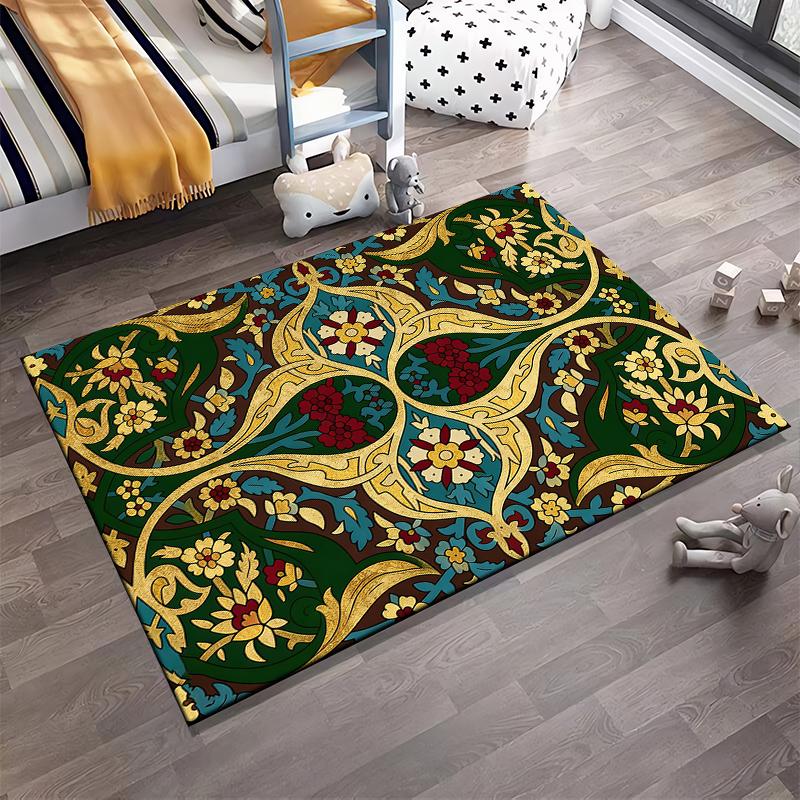 Floral Carpet with Golden Art Nouveau Design, Dark Green Background Suitable for use as an anti-slip for living room bedroom sofas