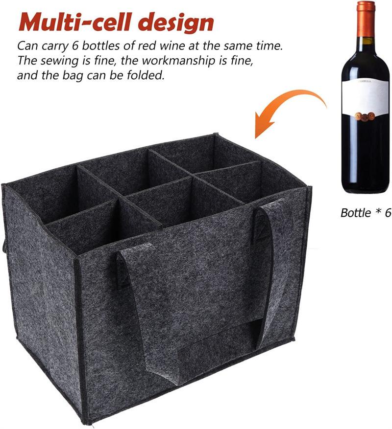 Portable Felt Wine Carrier Bag for 6 Bottles with Divider, Reusable Wine Tote with Handle, Grey Wine Bottle Holder for Travel