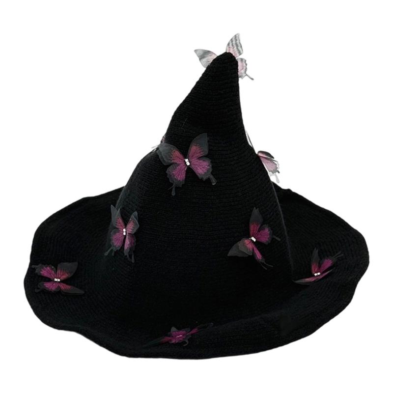 Halloween Knitted Witch Hat with Lovely Butterfly Accent Witch Costume Hat for Adults Costume Parties
