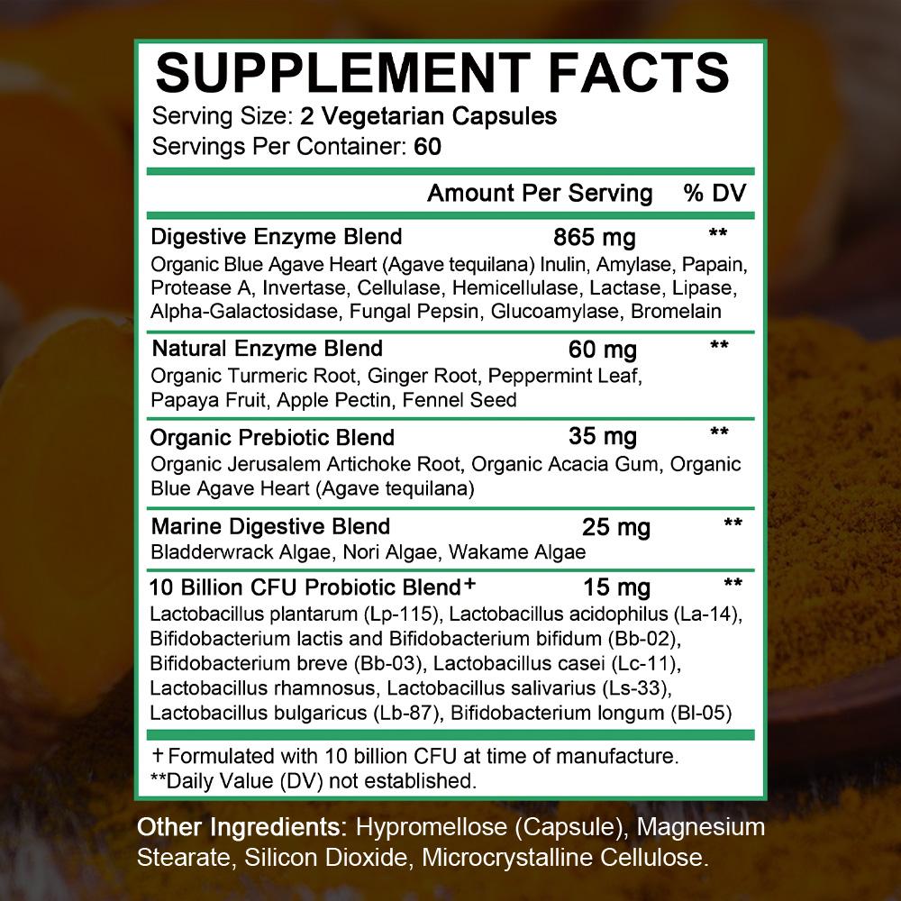 13 digestive enzymes, herbal enzymes, prebiotics, marine algae, 10 probiotics, Probiotic Supplements