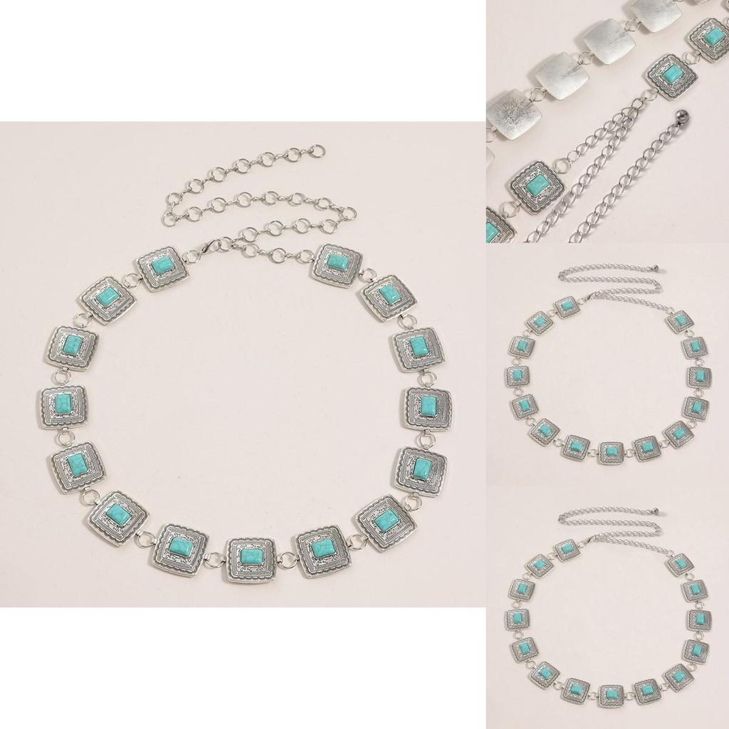Bohemian Waist Chain With Turquoise Metal Carving For Women Summer Fashion