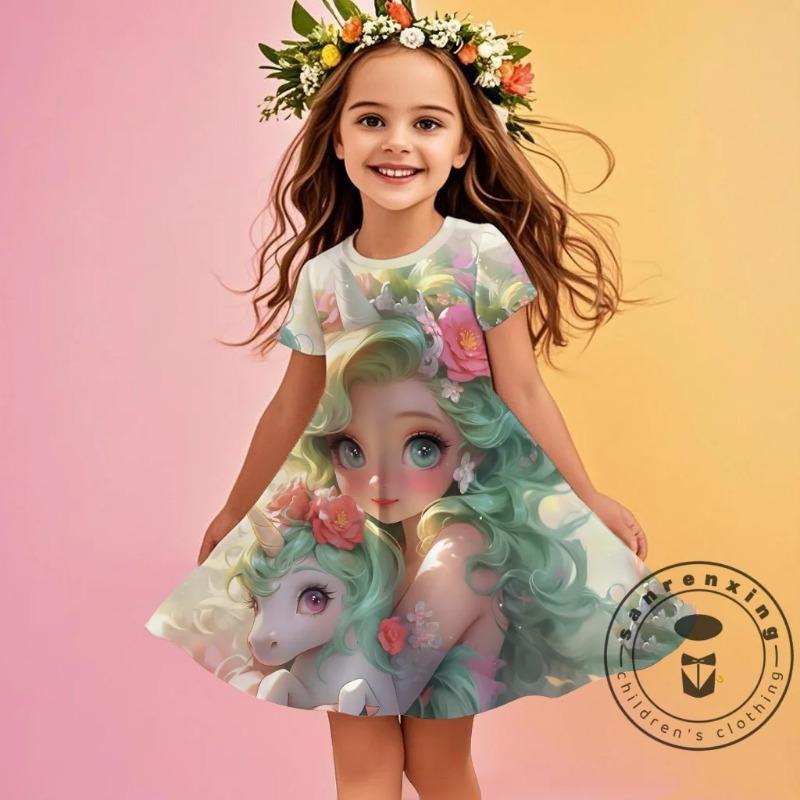 3D Printed Unicorn Short Sleeved Dress Cute Girls' Clothing Children's Party Wear Daily Princess Dress Skin Friendly Breath