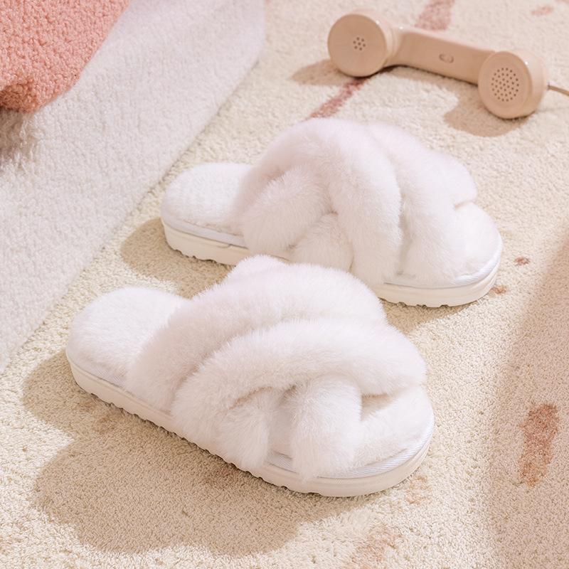 Women Fluffy Slippers Winter Warm Plush Slipper Cross Straps Fur Slipper Winter Warm Home Slippers for Women Flat Cotton Slides
