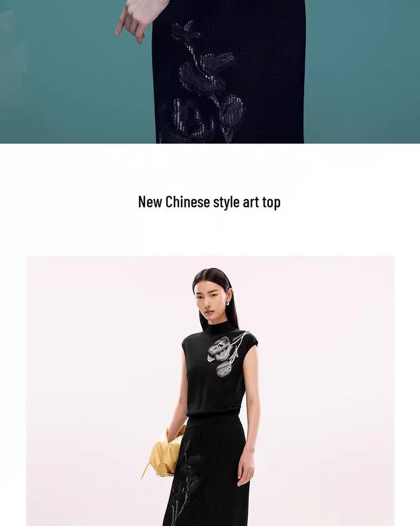 Dámský luxusní pletený top Lang Z podzim 2025 v čínském stylu s krátkým rukávem a kulatým výstřihem.