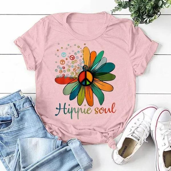 Hippie Soul Sunflower Print T Shirt Women Short Sleeve O Neck Loose Tshirt Summer Women Tee Shirt Tops Camisetas Mujer
